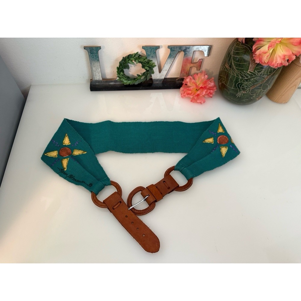 80s Hand Painted 3"‎ Waist Belt Teal Fish Multi Handmade Leather Buckle M/L 30" - Picture 8 of 16